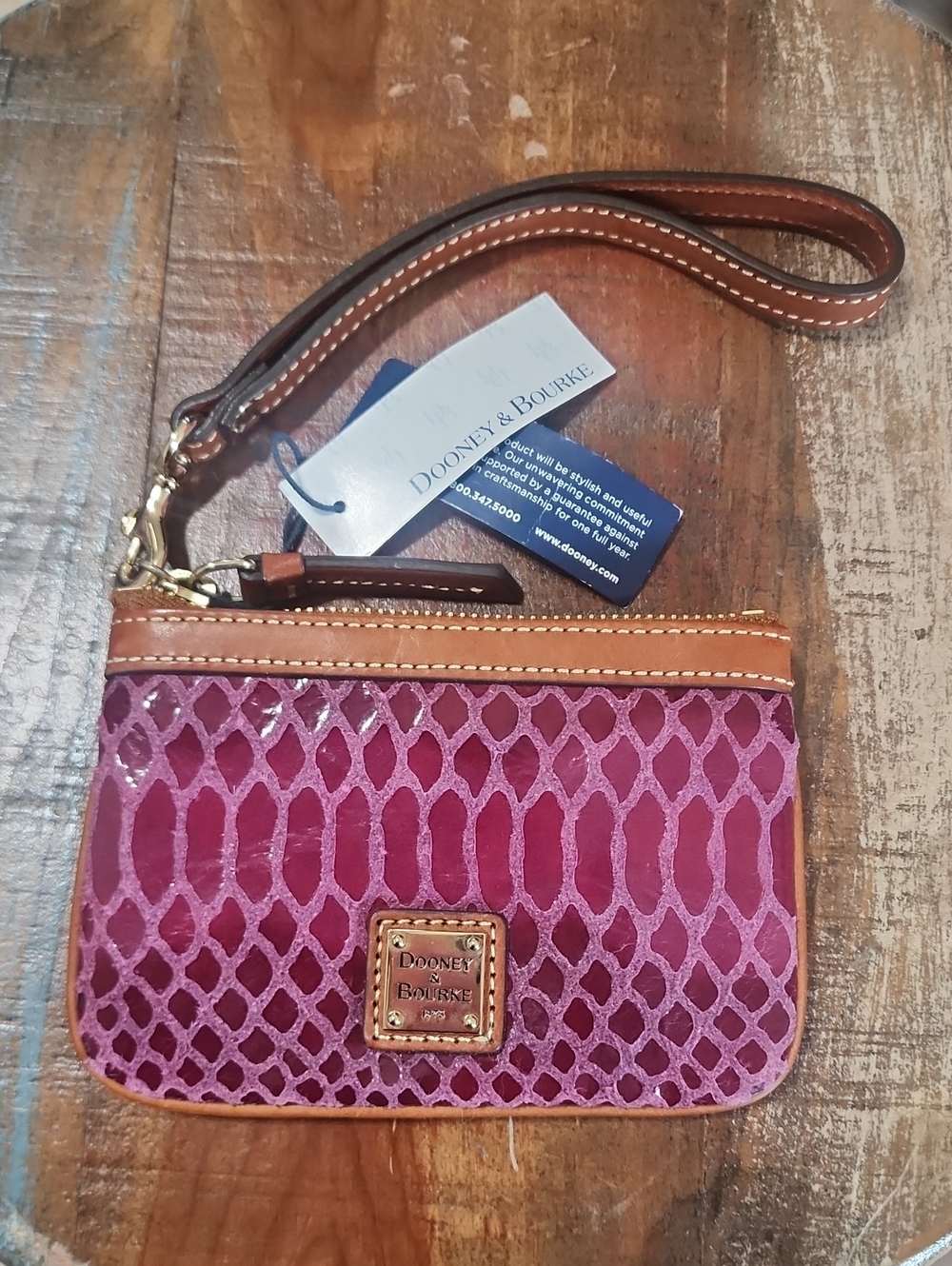 Dooney & Bourke Magenta Leather Wristlet Pouch Snake Embossed